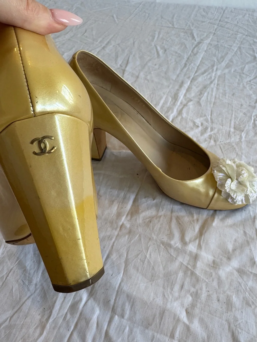 CHANEL Yellow Patent Camellia Iridescent Flower & CC Ballet Heels